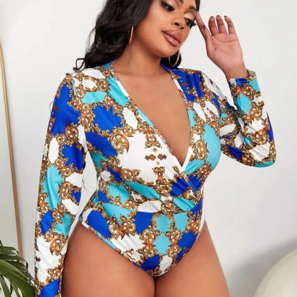🎉HOSTPICK🎉 NEW INVENTORY 🦋Baroque Print Overlap Collar Bodysuit🦋 - Picture 1 of 6